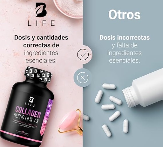 BLIFE Collagen Blend I II III V X | Colágeno Hidrolizado Tipo I, II, III, V y X × 4 90 Caps | 500 mg