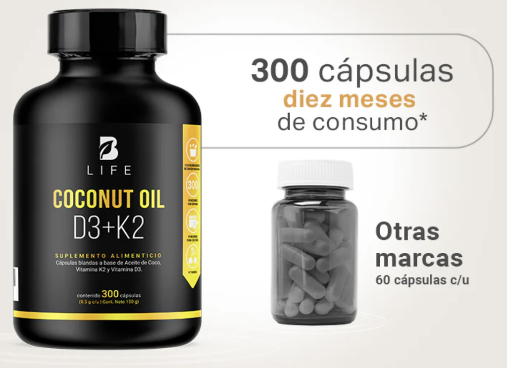 BLIFE Aceite de Coco, Vitamina D3 y K2 300 Caps 500 mg