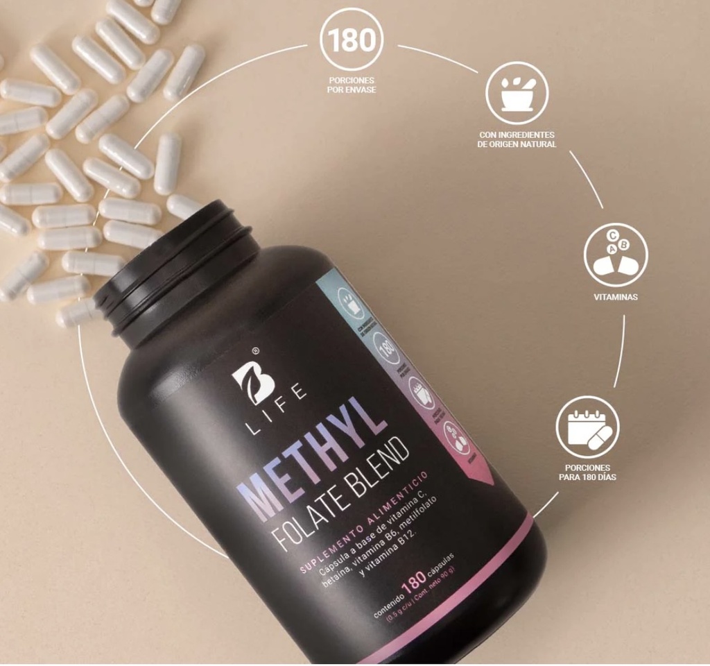BLIFE Methyl Folate Blend | Mezcla a base de Metilfolato, Vitamina C, Vitamina B6 y B12 180 caps 500 mg