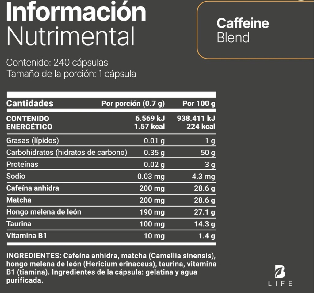 BLIFE Caffeine Blend | Mezcla a base de Cafeina, Matcha, Hongo Melena de Leon, Taurina y Vitamina B1 240 caps 700 mg